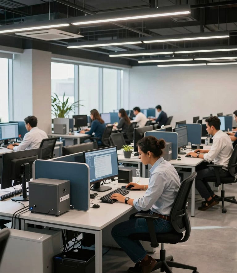 A wide-angle professional photograph of a modern Brazilian office space. A group of focused South American professionals are working at organized workstations with ergonomic equipment. The lighting is bright and natural, reflecting off steel blue and light grey surfaces, conveying efficiency and trust.