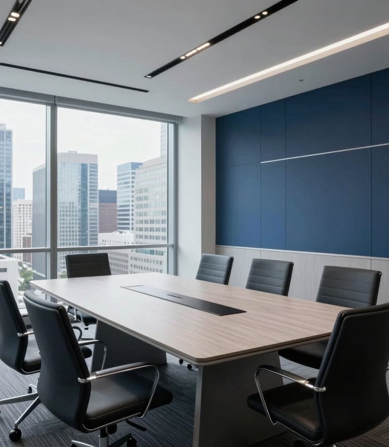 A wide shot of a modern, professional boardroom in a North American / US financial hub, with large windows overlooking a city skyline and a clean, minimalist aesthetic featuring light gray and dark blue tones.