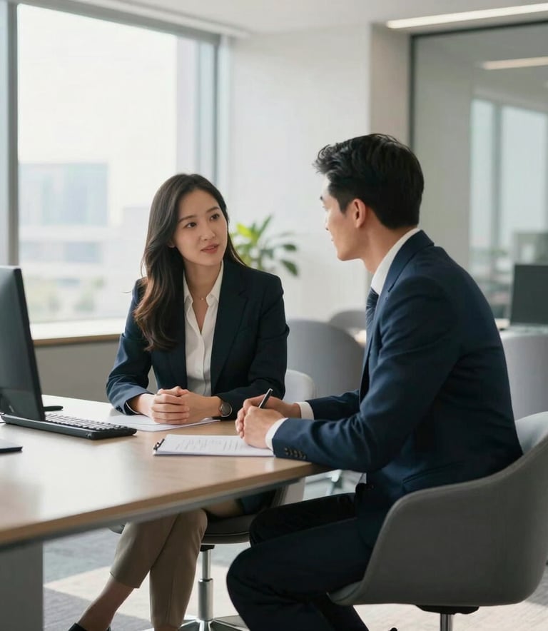 Two professionals in sophisticated business attire having a collaborative meeting in a contemporary, sun-drenched office in the US. The background is clean and modern, featuring medium gray-blue furniture and polished surfaces.