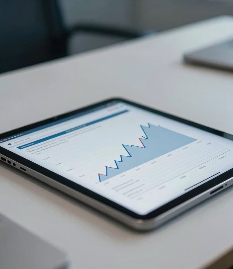 A close-up of a professional desk in a North American / US office with a digital tablet displaying clean financial growth charts, with a blurred dark blue and light gray background.