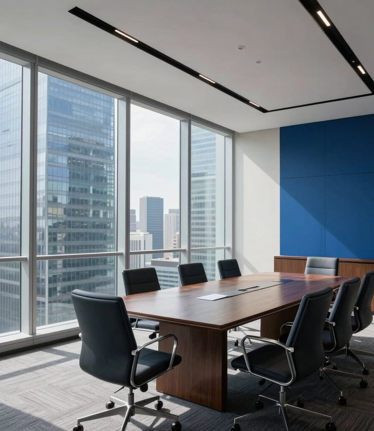 A wide-angle shot of a bright, modern corporate boardroom in a North American skyscraper. Natural light pours through floor-to-ceiling windows. The color palette features light gray-blue and deep blue accents.