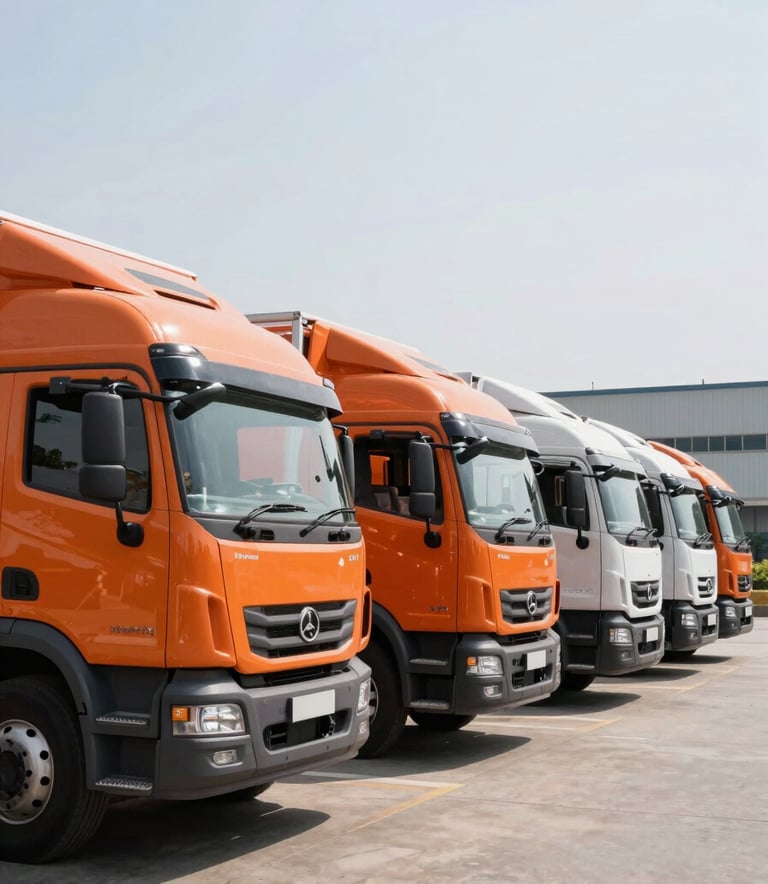 A fleet of modern orange and white moving trucks parked in a professional row in a clean Delhi industrial park, bright daylight, cinematic corporate photography, reflecting a premium logistics service.