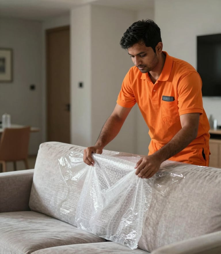Professional South Asian / Indian movers in orange uniforms carefully bubble-wrapping a high-end sofa in a modern apartment, clean and focused lighting, portraying trust and precision.
