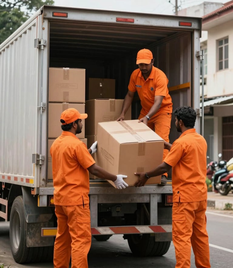 Professional loaders in clean orange uniforms carefully loading boxes into a modern cargo truck in a quiet South Asian / Indian neighborhood.