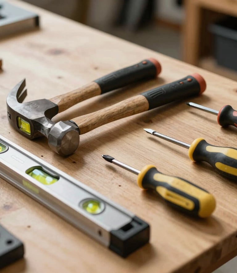 Close-up of high-quality professional hand tools like a hammer, levels, and screwdrivers arranged neatly on a clean wooden workbench, North American / US workshop environment, soft natural lighting.