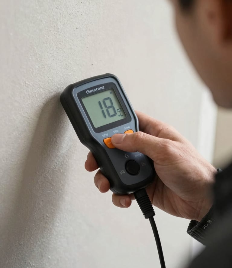 A close-up of a digital moisture meter held by a professional technician checking a drywall in a North American home, emphasizing precision and certified expertise.