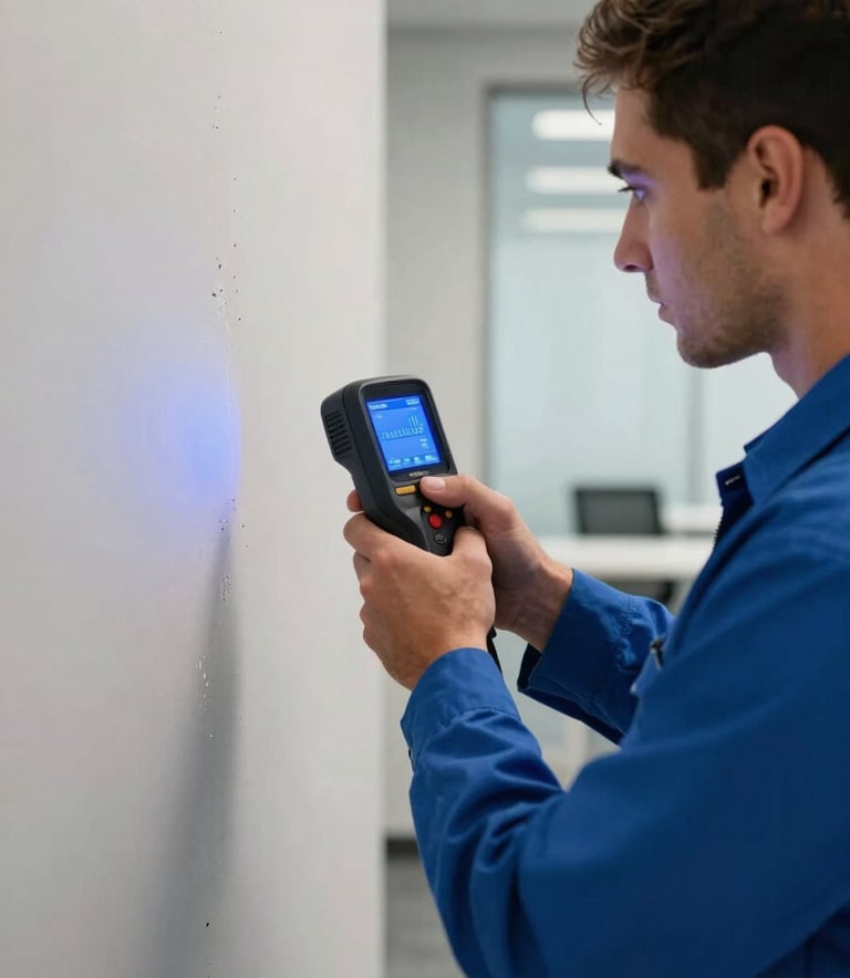 A close-up of a professional water damage restoration specialist in a blue uniform using a digital thermal imaging camera to inspect a wall for hidden moisture in a modern North American office in Miami, Florida.