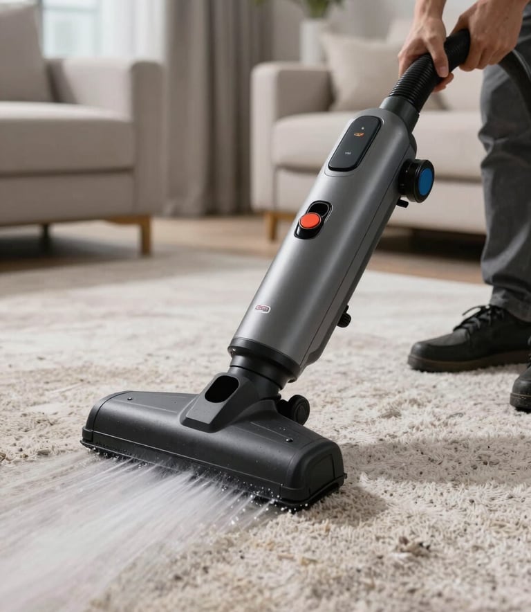 Professional high-powered water extraction vacuum being used on a saturated carpet in a modern Miami living room, professional restoration equipment, clean and sharp lighting.