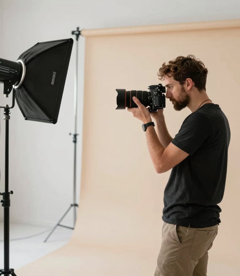 Escena de una sesión de fotos profesional en un estudio moderno, mostrando a un fotógrafo trabajando con equipos de iluminación y fondos en tonos blanco mate y beige.