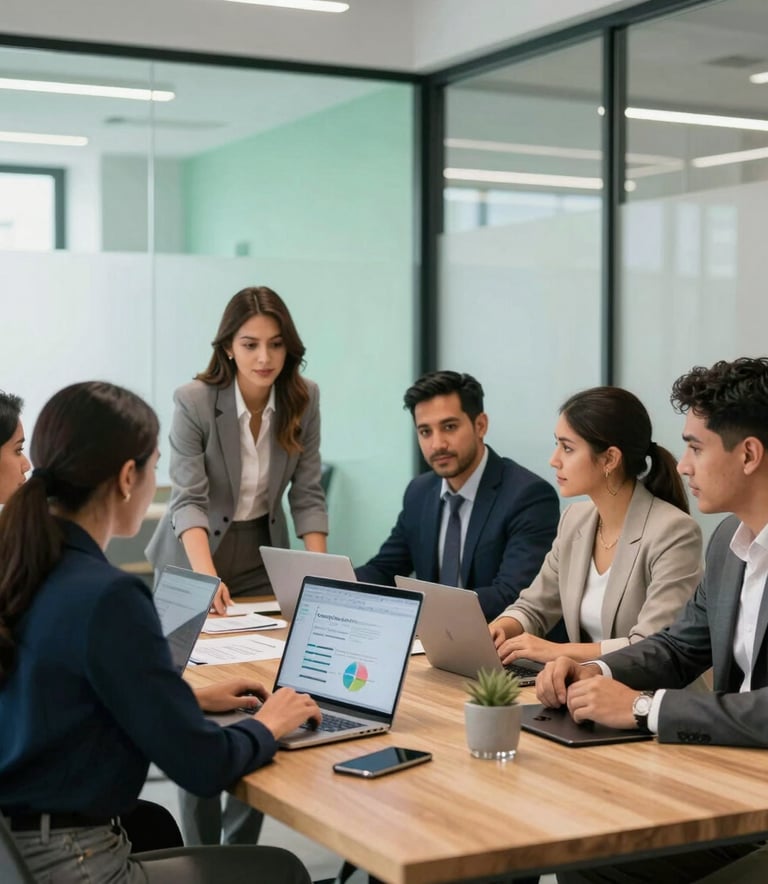 Day-to-day agency life in a modern office. A group of Hispanic professionals sitting around a wooden table in a collaborative meeting, planning digital strategies. The environment is bright with mint green decor and large glass walls.