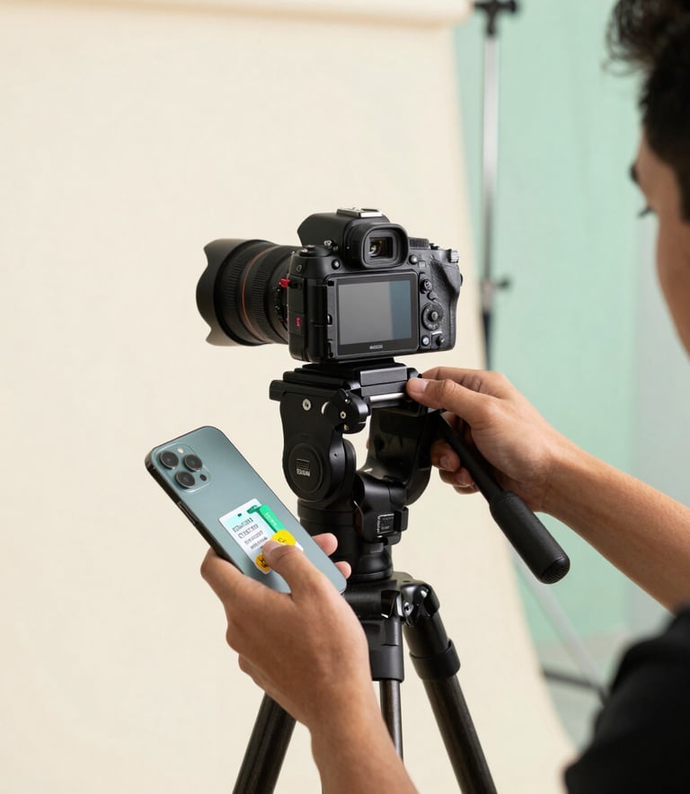 A professional photo shoot taking place in a bright studio. A professional camera on a tripod is focused on a person holding a modern smartphone and cellular marketing materials. The background features off-white and mint green tones. The setting is in a Hispanic / Spanish-speaking region with soft, natural lighting.