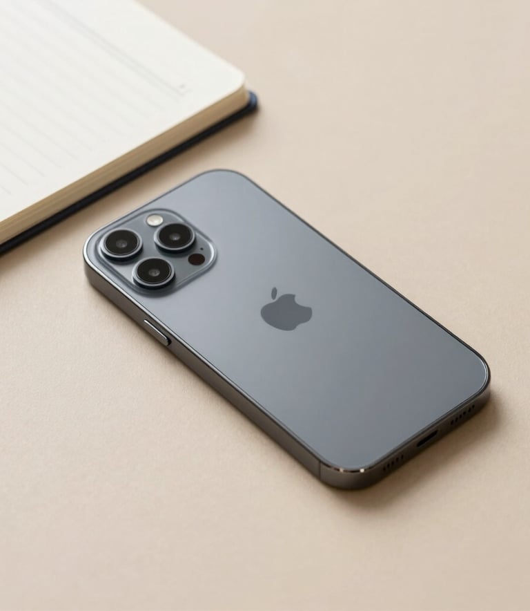 Una fotografía profesional de un smartphone moderno sobre una superficie beige mate junto a una libreta de planificación, iluminación natural, estilo limpio y corporativo.
