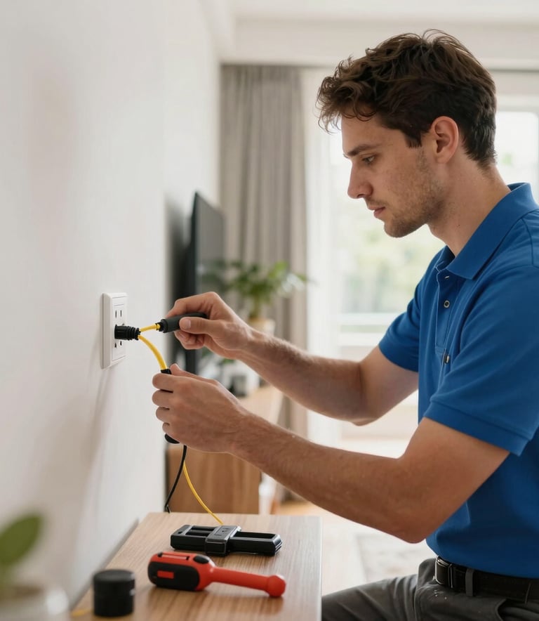 A professional technician in a modern blue polo shirt installing a fiber optic wall outlet in a bright North American living room, emphasizing a clean and precise workspace with professional tools, natural lighting.