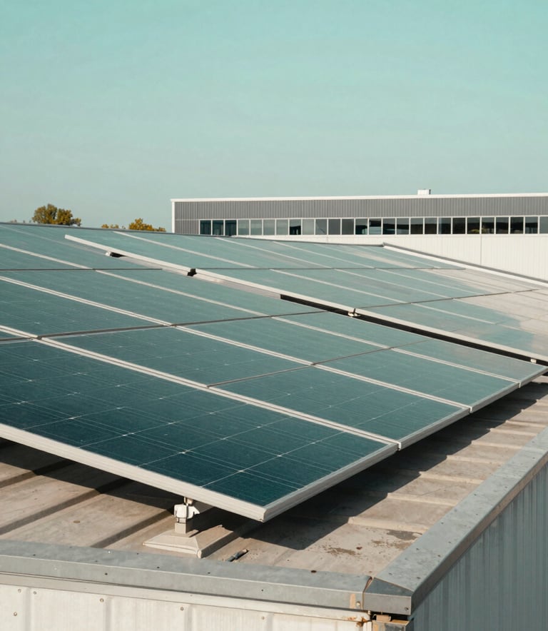 Close-up of modern solar panel arrays installed on a corporate rooftop in a Central European / German industrial park. The sky is a clear Pale Aqua, and the panels reflect a Medium Green sheen.