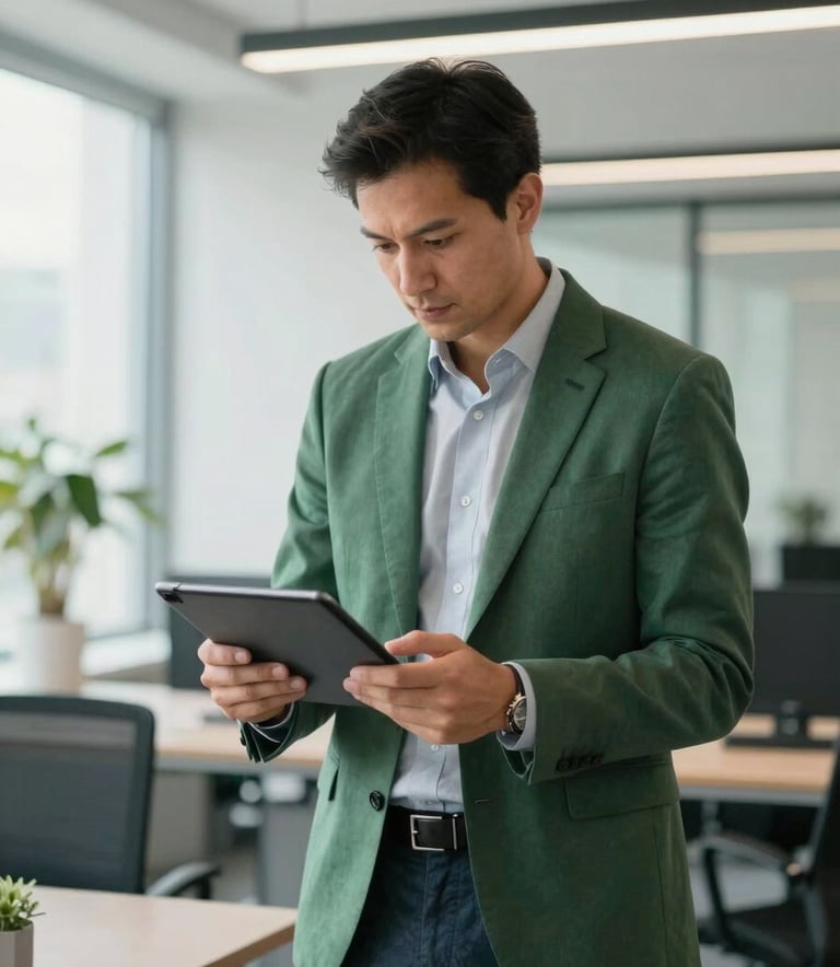 A professional energy consultant in a tailored suit reviewing data on a tablet within a bright, modern Central European / German corporate office. Accents of Medium Green and Dark Teal in the decor.