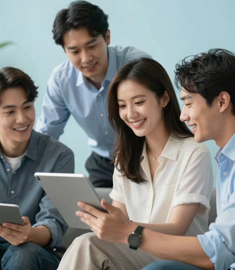A team of tech professionals collaborating around a tablet, smiling and relaxed, modern simplicity, bright lighting, light blue accents, Global / Tech-focused.