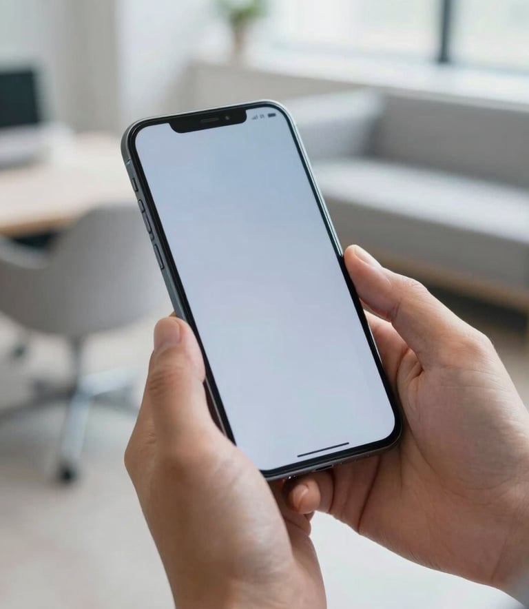 Close-up of a person's hands comfortably holding a modern Android device. The screen reflects soft light blue tones. The background is a bright, airy co-working space with light gray furniture. Global / Tech-focused.