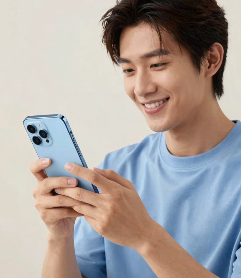 A modern user happily interacting with an Android phone, clean environment, natural lighting, medium blue and off-white tones, approachable and innovative vibe, Global / Tech-focused.