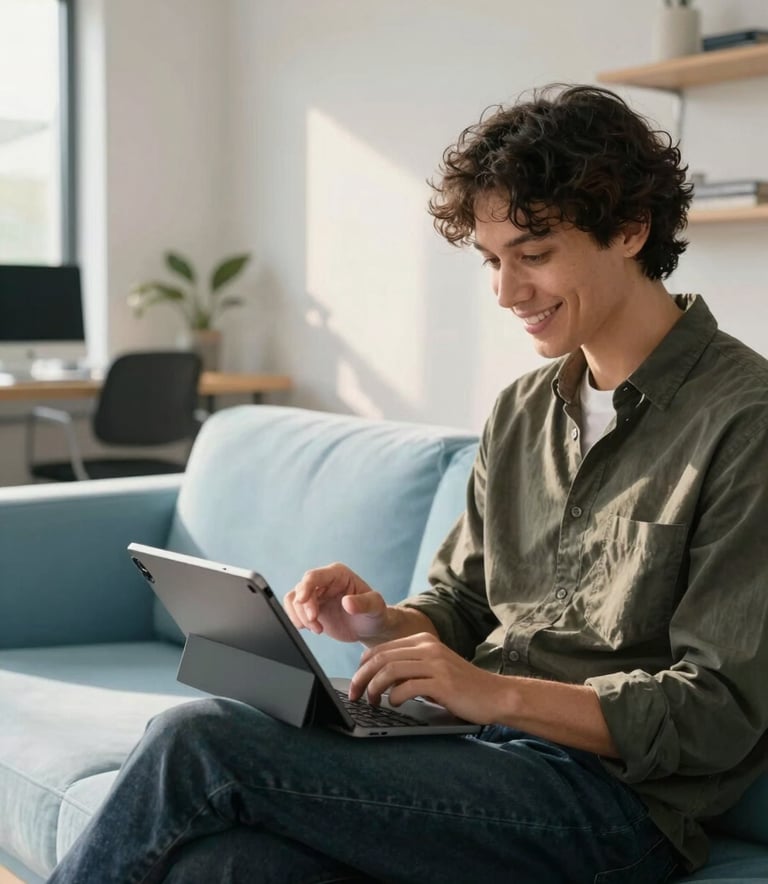 A bright, modern interior of a creative tech studio. A person is sitting on a light blue couch, smiling while interacting with an Android tablet. Sunlight is warm and approachable, highlighting the minimalist decor. Global / Tech-focused.