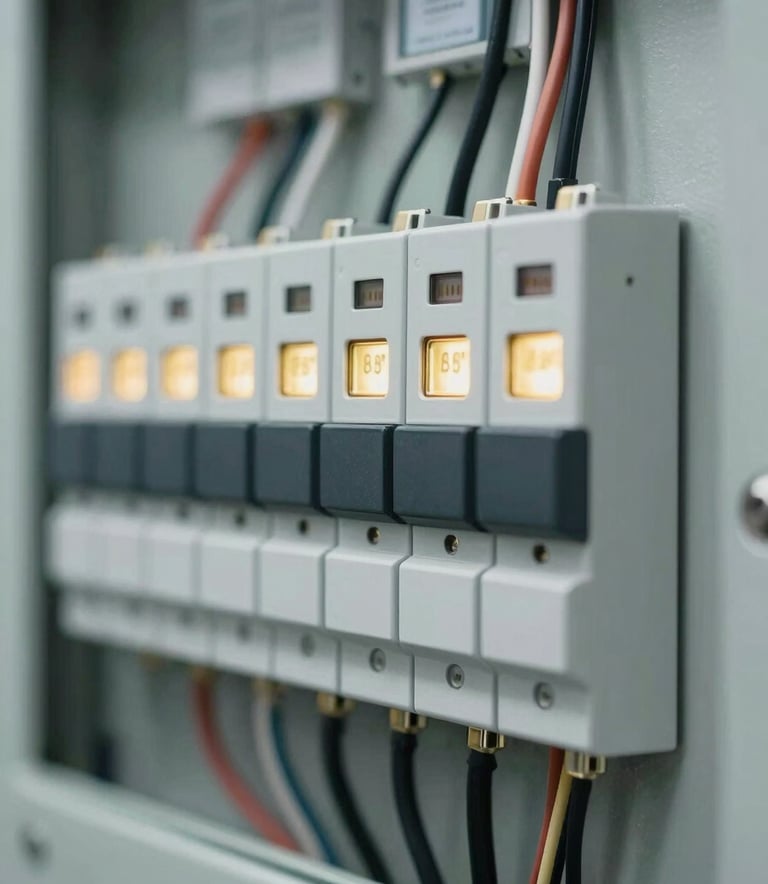 A close-up of a sleek, contemporary electrical control panel with organized wiring and gold-toned (#D8AC4F) status indicators. The style is modern, industrial, and clean, conveying technical mastery.
