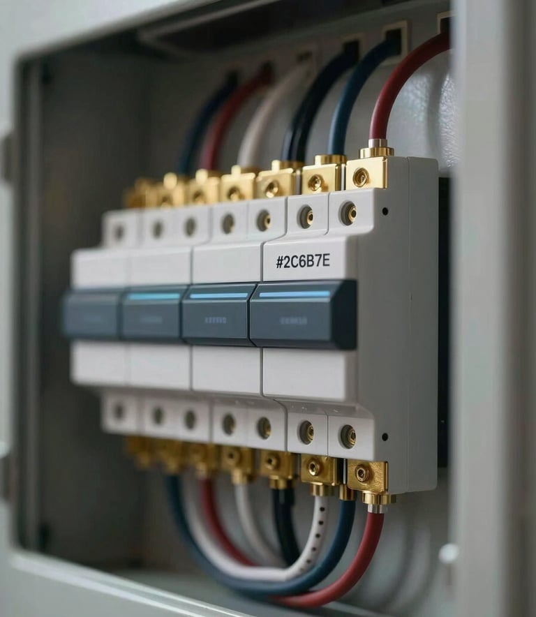 A close-up of a high-tech smart electrical panel with organized wiring and gold-plated components, reflecting a luxury tech aesthetic with #2C6B79 lighting.