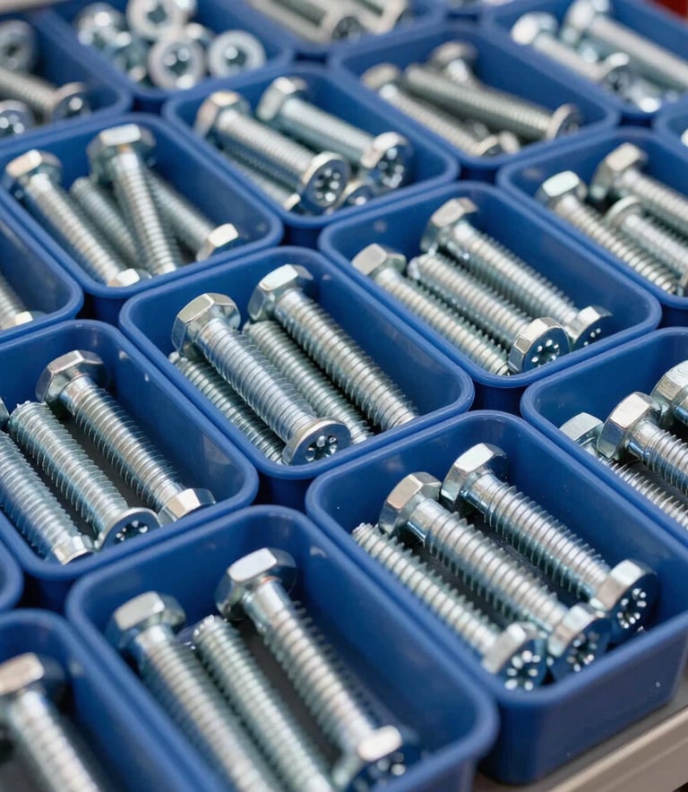 Detailed photography of a variety of high-grade construction fasteners, screws, and bolts organized in professional bins, clean lighting, metallic blue and silver tones, South American / Brazilian hardware retail context.