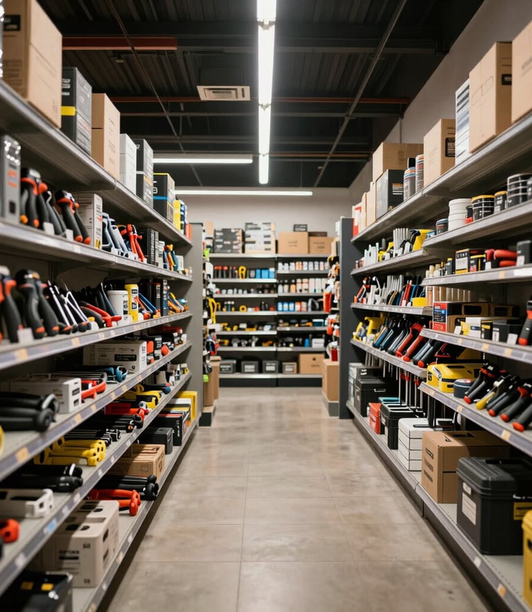 A wide-angle photography shot of a modern hardware store interior in a South American / Brazilian city, featuring neatly organized aisles of professional tools, high-quality lighting, and a clean, industrial-chic atmosphere.