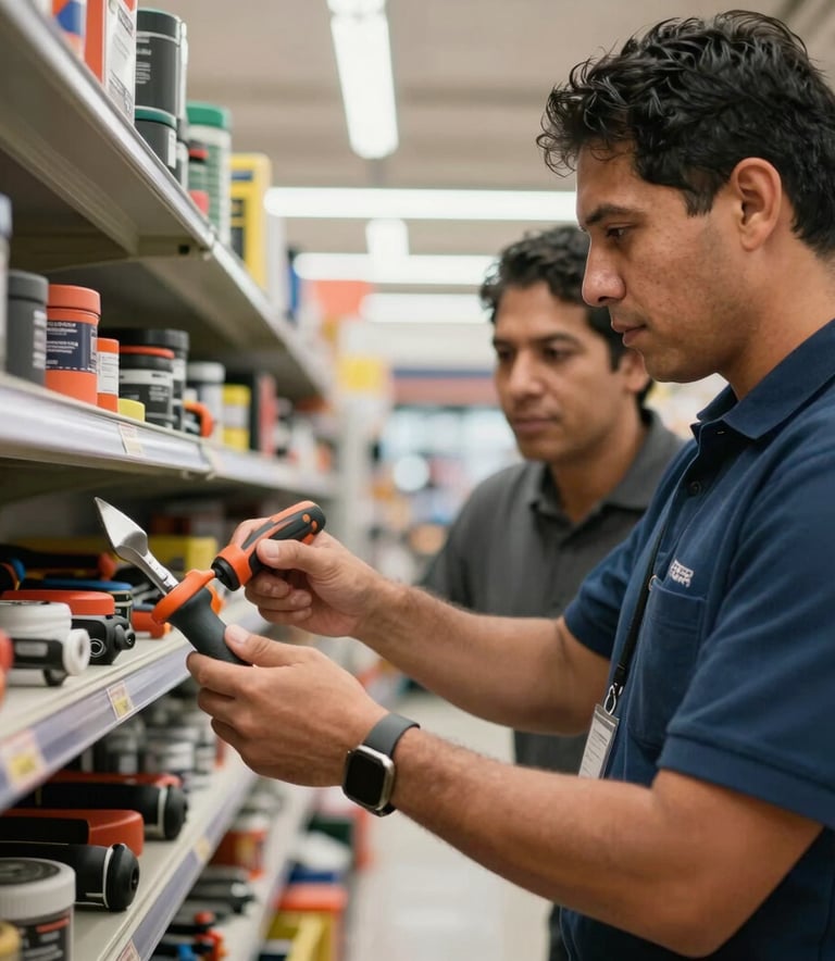 A focused shot of a South American merchant helping a customer choose a heavy-duty tool, both looking at a product with trust and professionalism, bright retail lighting.