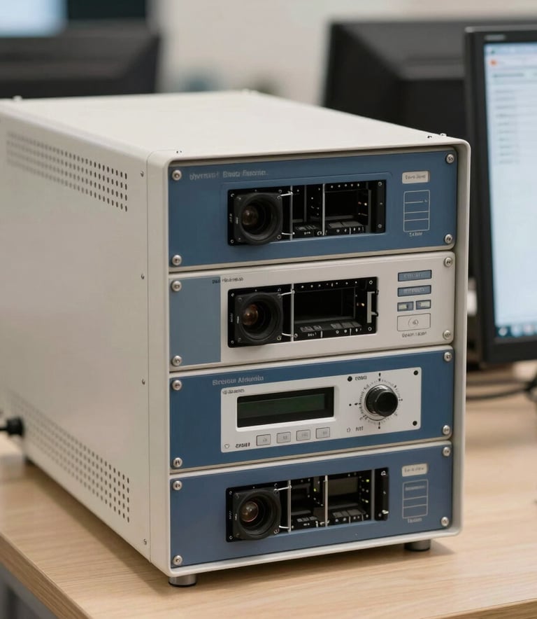 A close-up of high-quality professional telecommunication equipment and a modern computer interface in a South American office, soft lighting, steel blue and off-white tones.