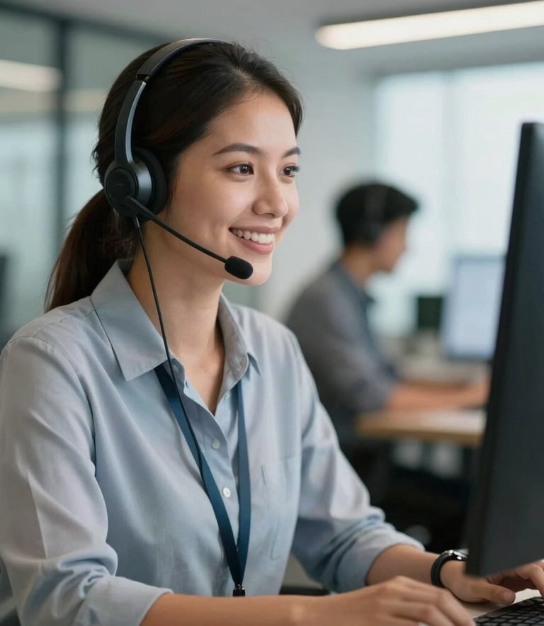 A professional South American / Brazilian customer service representative wearing a sleek headset, smiling warmly while looking at a computer screen. Modern office environment with soft focus and high-quality photography.