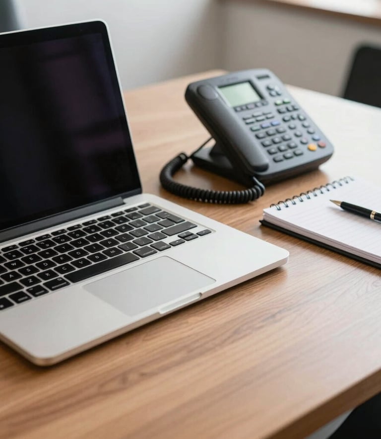 Close-up photography of a professional workspace in a Brazilian office. A high-end laptop, a modern telephone system, and a notepad sit on a clean wooden desk. Professional and organized atmosphere with natural lighting.