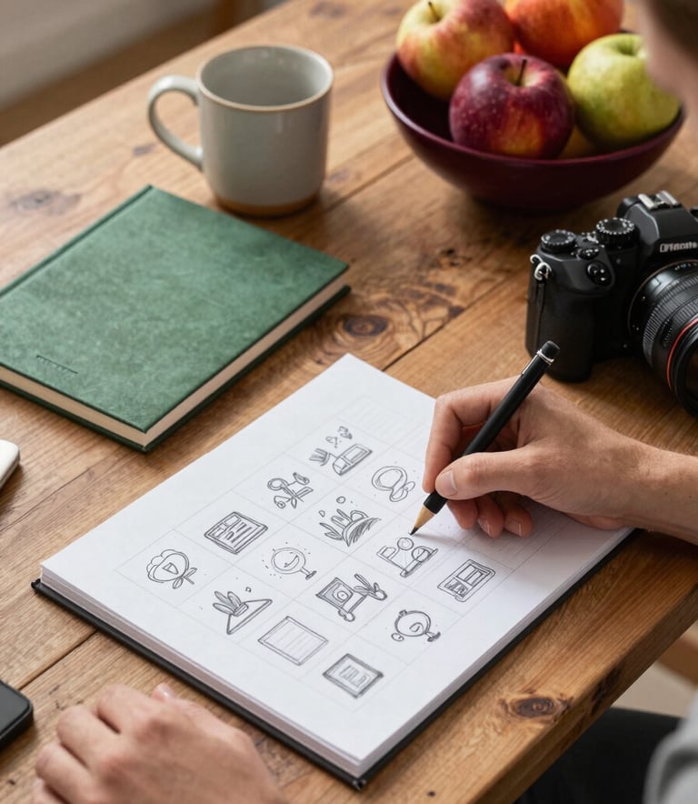 High-angle professional photography of a content planning session in a sunny North American studio. A rustic wooden desk features a Matte Forest Green notebook, a ceramic mug, and a Deep Ripe Crimson bowl of fruit. A person's hand is sketching a social media grid layout with a high-end camera nearby.