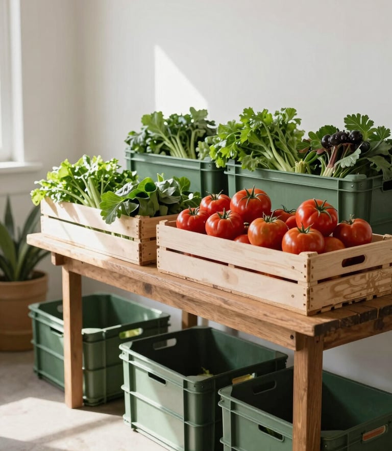 Photography of a bright, minimalist North American farm stand. A wooden table holds crates of heirloom tomatoes and fresh greens. Soft natural morning light creates a cozy atmosphere. The scene features Matte Forest Green crates and Crisp Parchment accents.