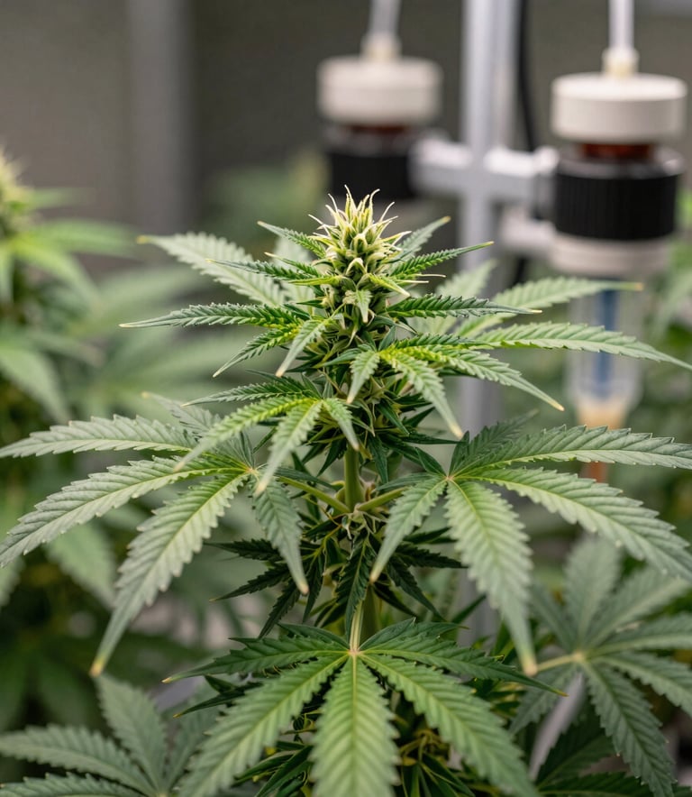 Macro photography of a lush cannabis plant in a state-of-the-art indoor cultivation facility in the US. The image focuses on the vibrant green texture of the leaves with high-tech automated nutrient systems visible in the soft-focus background. Professional and reliable mood.