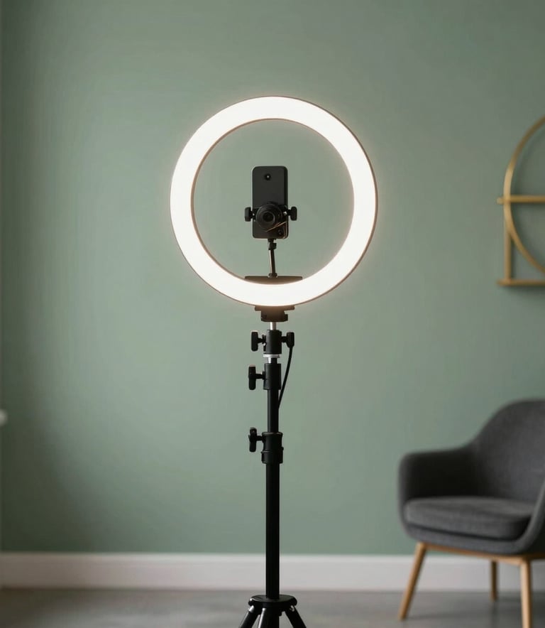 A professional content creation studio in a North American urban loft, featuring a ring light and a camera setup. The background is a clean sage green wall with muted gold decorative elements. A modern charcoal chair is visible in the corner. The lighting is soft and professional, creating a sophisticated business atmosphere.