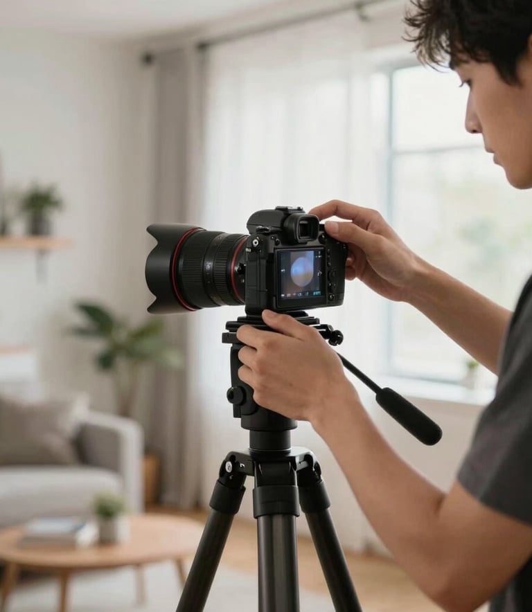 Professional photography of a content creator in a modern North American apartment studio. They are adjusting a mirrorless camera on a tripod, with a clean aesthetic and soft lifestyle lighting. The scene reflects creativity and expertise in digital content production.