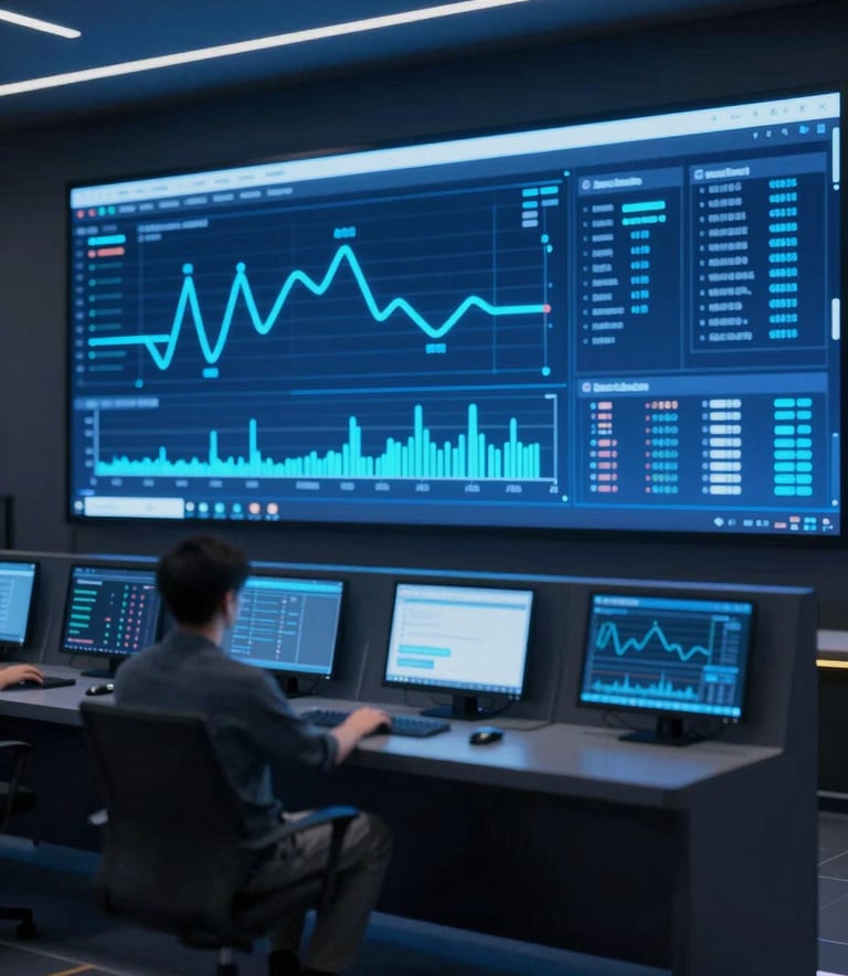 A professional wide shot of a modern energy control center with large digital displays showing real-time simulations and energy flow diagrams. The room is sleek and dark (#0F1B2B), illuminated by the glowing blue light (#7BA0BF) of the screens. This represents the convergence of software and hardware in systems integration.