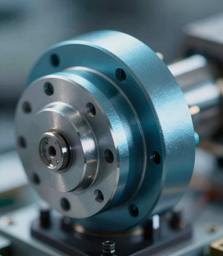 Close-up of a high-performance electrical machine component with sleek metallic textures, professional studio lighting, incorporating tones of #2D4A6E and #7BA0BF to reflect advanced energy technology.