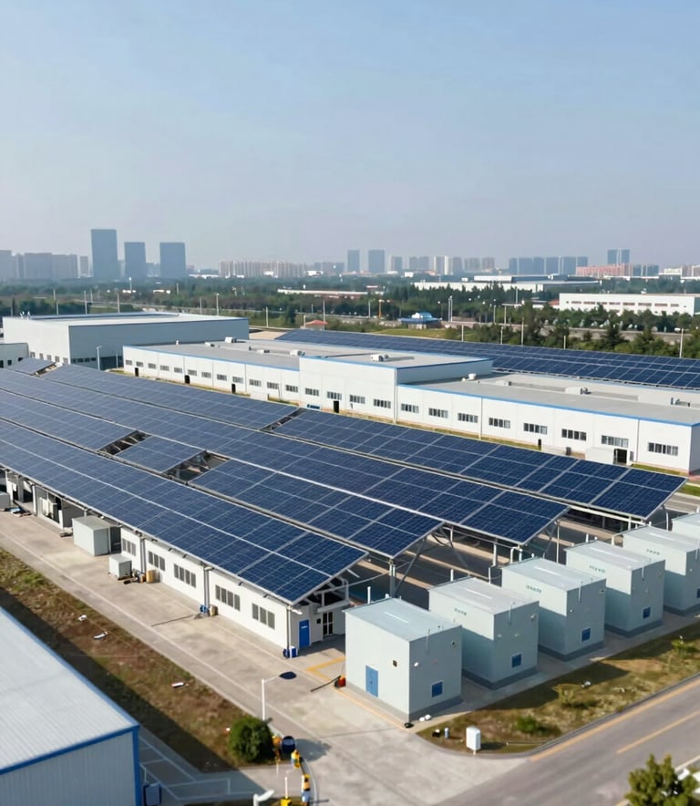 A wide-angle view of a decentralized smart energy grid facility, clean industrial architectural lines, showcasing solar arrays and storage units in a palette of #2D4A6E and #7BA0BF under clear bright skies.