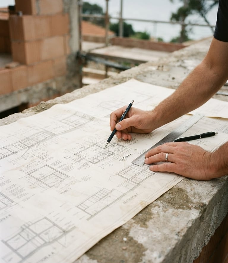 Close-up of hands reviewing technical architectural blueprints on a concrete surface, warm natural coastal light, professional documentary style