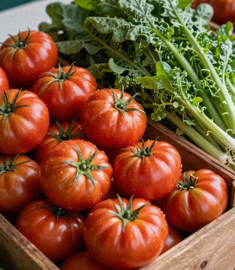 A close-up shot of a rustic farmer's market stall in North America, featuring vibrant heirloom tomatoes and leafy greens in wooden crates, styled with Deep Ripe Crimson and Matte Forest Green tones.