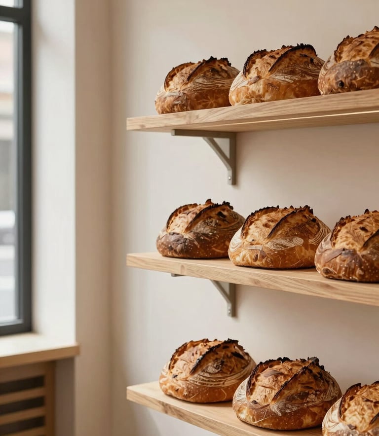 A cozy, high-end North American bakery interior with fresh sourdough loaves on wooden shelves, minimalist design, soft natural lighting, and Crisp Parchment colored walls.