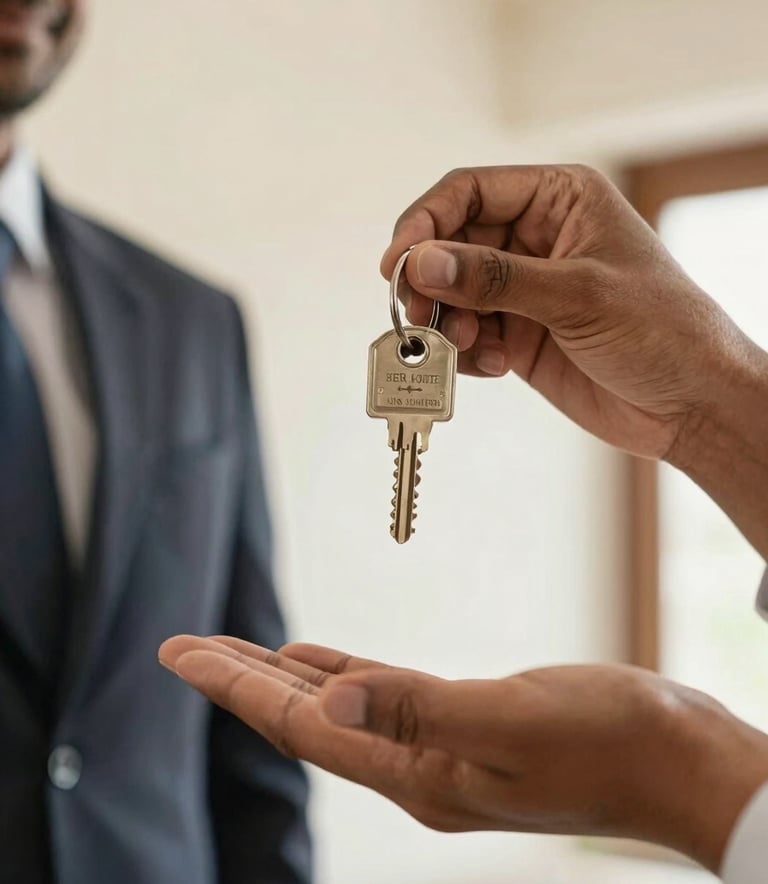A close-up photograph of a professional South Asian hand handing over a set of house keys to another person. The setting is a brightly lit, modern apartment in India with off-white walls. The lighting is warm and welcoming, emphasizing a trustworthy and successful property management transaction.