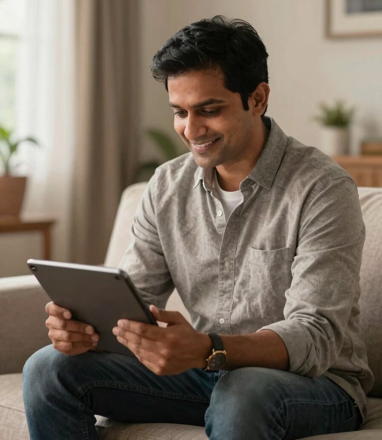 A South Asian property owner sitting on a sofa in a well-lit living room, looking satisfied while checking property reports on a tablet, soft warm indoor lighting.