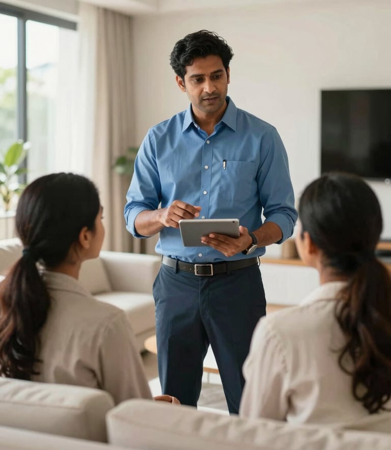 Photography of a professional South Asian property manager talking to a couple in a modern, sun-drenched Indian living room. The manager is holding a tablet, explaining the rental process. The atmosphere is professional and supportive, featuring a color palette of off-white and medium blue.