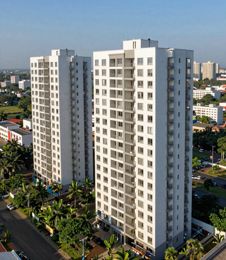 A high-angle view of a clean, contemporary residential apartment complex in an Indian city, with lush green surroundings and clear blue sky, architectural photography.