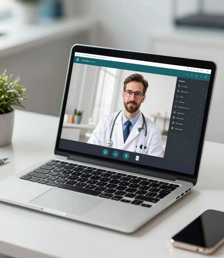 A modern laptop on a clean desk displaying a medical video call interface. The lighting is bright and airy, with subtle brand colors like #2A6B7E in the background objects. Professional medical office vibe.