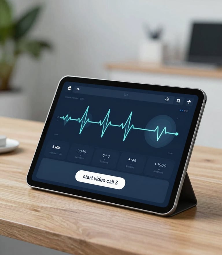 A high-tech digital tablet on a clean wooden desk showing a professional medical dashboard with heart rate icons and a 'start video call' button. Modern medical clinic atmosphere with a soft-focus plant in the background. Palette features #0C2B3C and #92B7C0.