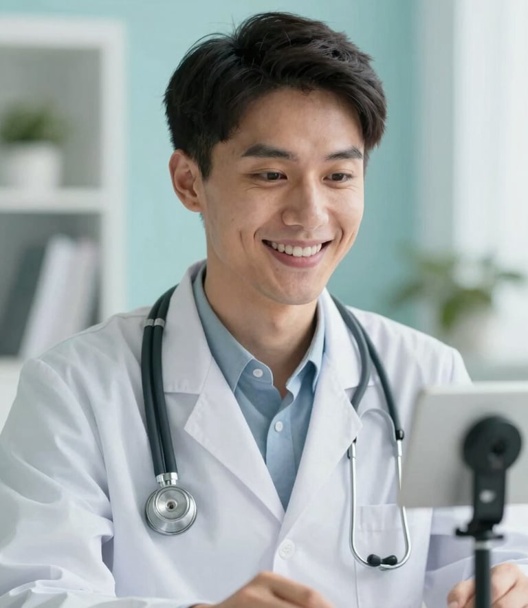 Close-up of a smiling doctor with a stethoscope looking at a webcam, portraying empathy. The room is bright with soft lighting and professional decor including shades of #92B7C0. The style is clean and modern tele-health.