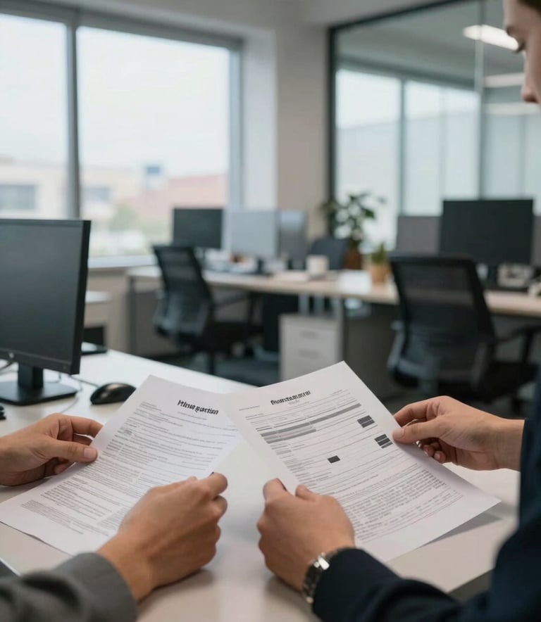Wide environmental shot, daylight from large office windows, two people at a desk reviewing printed documents side by side, foreground shows hands on paper, background out-of-focus open-plan office, documentary close-detail framing